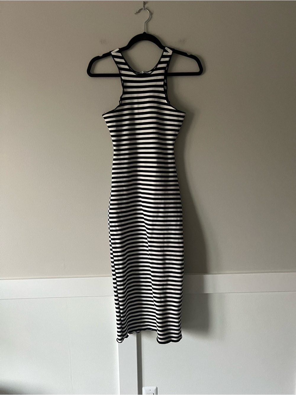 Zara Black White Striped Racerback Midi Dress Bodycon Knit Medium